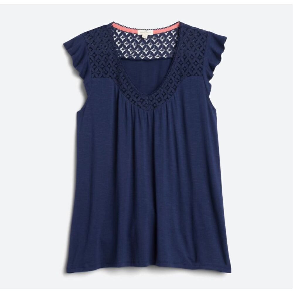 Mason & Belle Womens Lace Yoke Ruffle Detail Knit V-Neck Davina Top‎ Navy Small